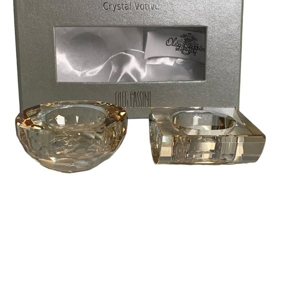 Oleg Cassini Honey Iridescent Crystal Votive Candle Holders Faceted Set of 2 Box - Picture 4 of 12